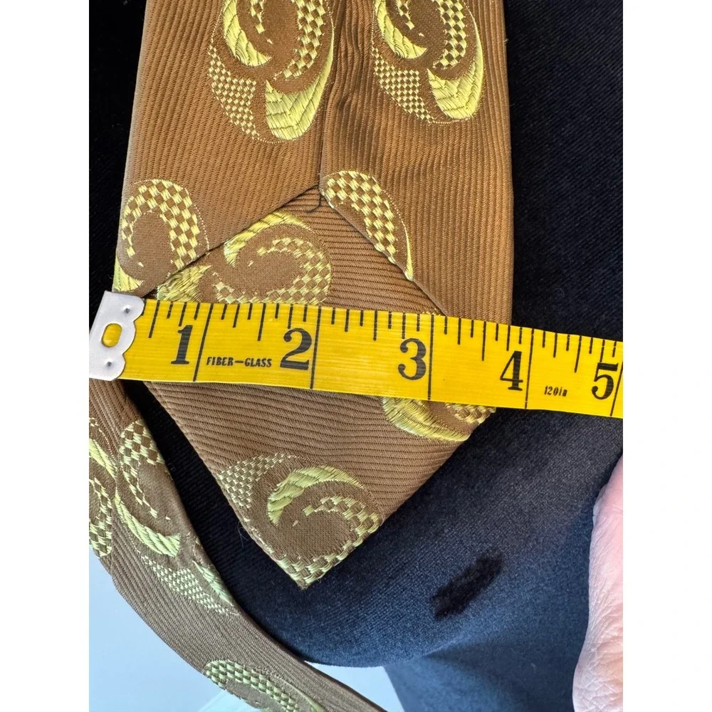 Vintage French Bronze Brown Chartreuse Yellow Geometric Orbital Wide Silk Tie 4